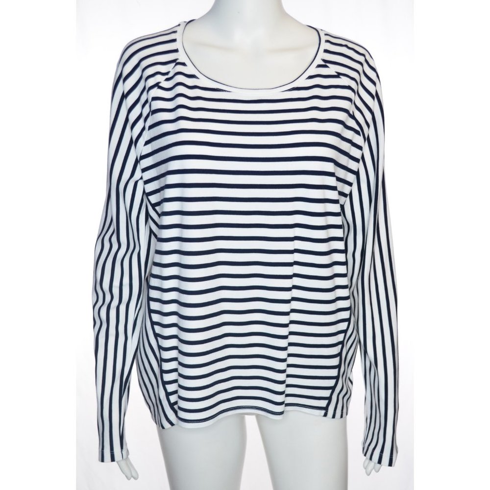 Chico’s Striped Scoop Neck Long Sleeve Tee Navy Blue/White Size 2, US - Large